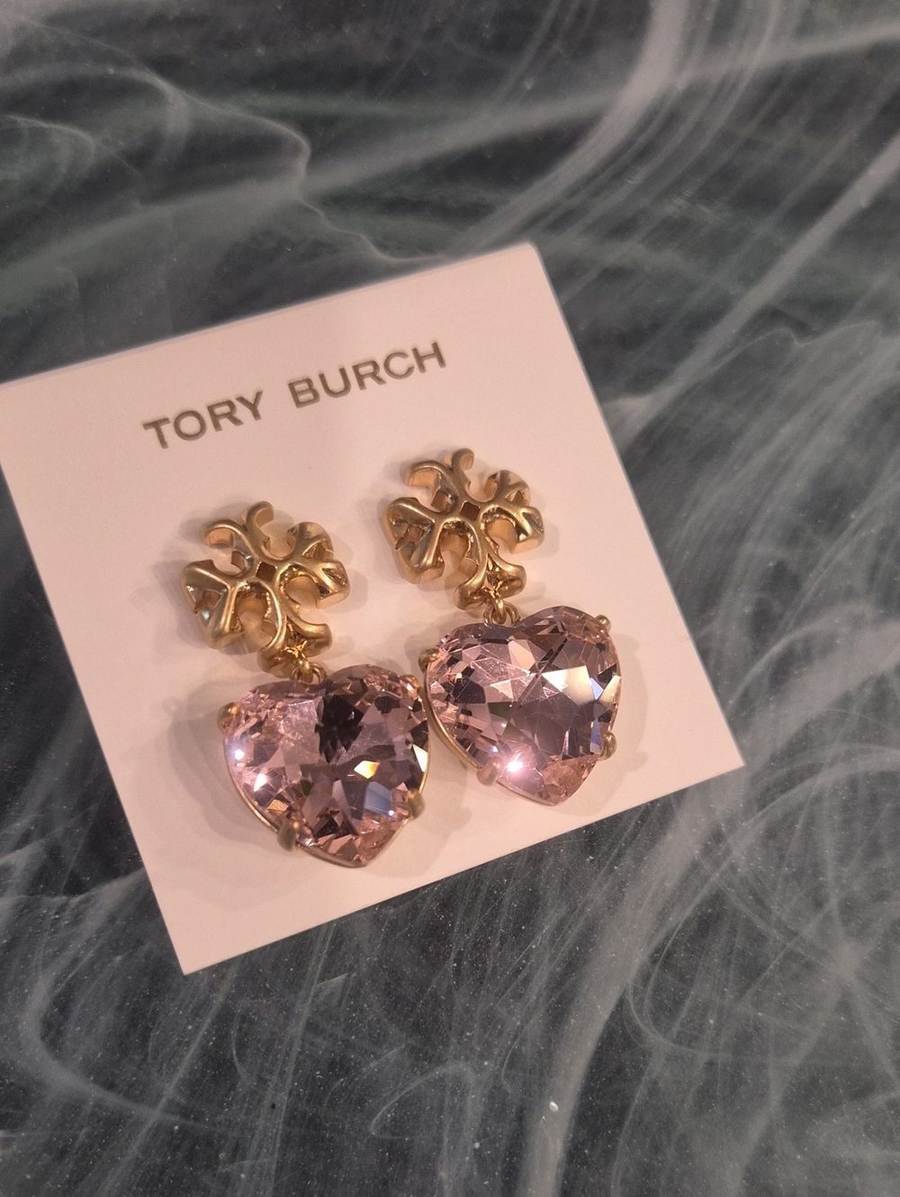 Tory Burch Gold Logo Earrings with Pale Pink Heart Crystals